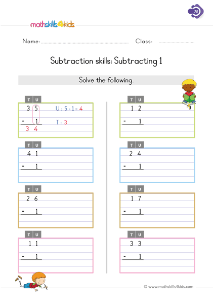 First Grade math worksheets - subtracting 1 from 2 digit numbers worksheets