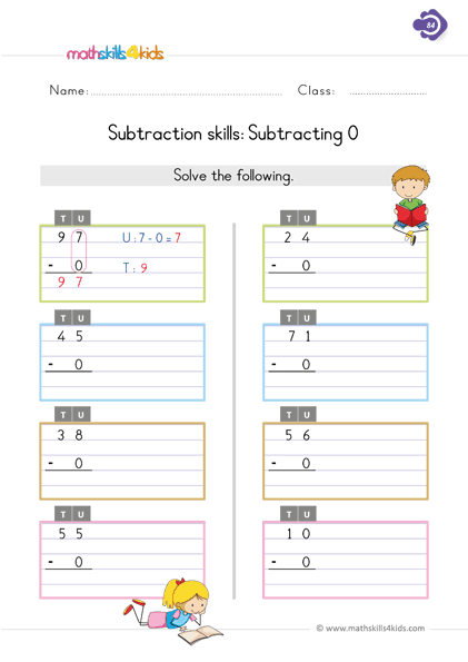 First Grade math worksheets - subtracting 0 from 2 digit numbers worksheets