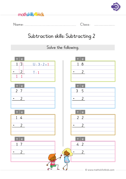 First Grade math worksheets - subtracting 2 from 2 digit numbers worksheets