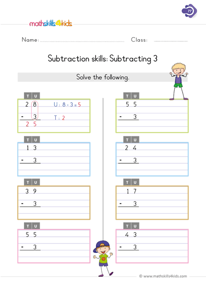 First Grade math worksheets - subtracting 3 from 2 digit numbers worksheets