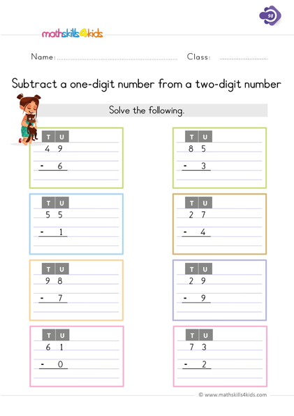 First Grade math worksheets - vertical subtraction worksheets
