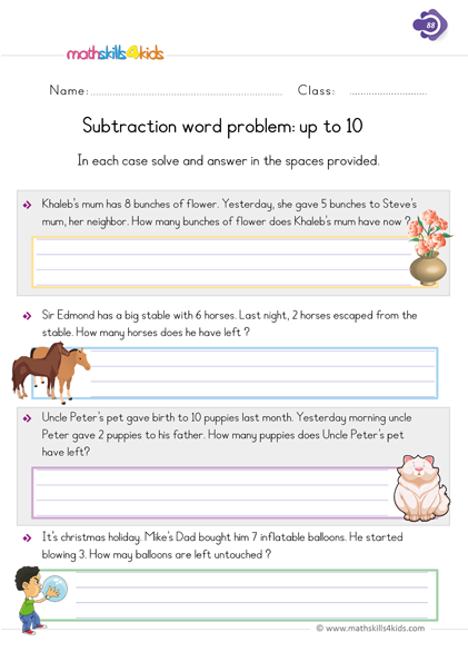 First Grade math worksheets - subtraction word problems worksheets