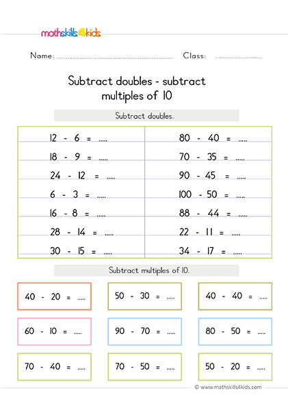 Mastering subtraction facts: Printable worksheets and strategies for 1st Grade - subtract doubles and subtract multiples of 10 worksheets
