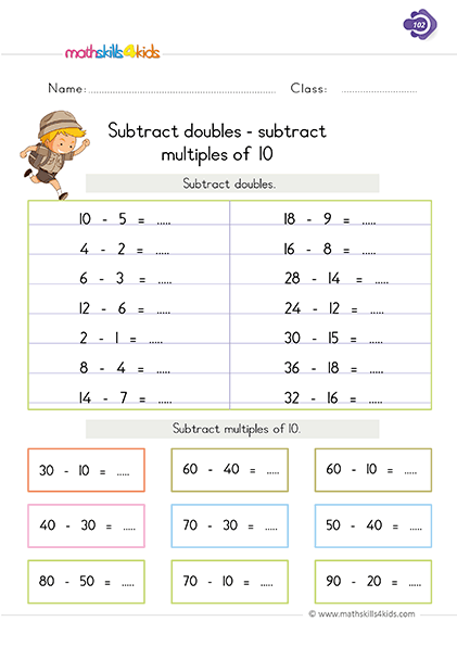 First Grade math worksheets - subtract doubles and subtract multiples of 10 worksheets