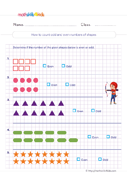 Free second Grade math worksheets printable for kids - counting odd and even numbers of shapes