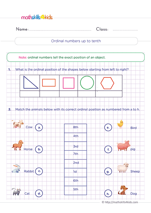 Second Grade Math worksheets ordinal numbers up to tenth