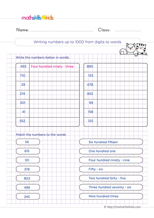 Grade 2 reading and writing numbers: Printable worksheets & activities - Writing numbers up to 1000 from digits to words