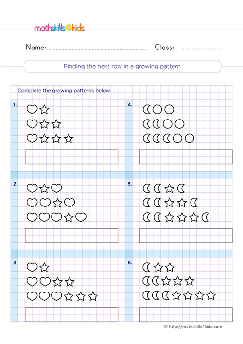 Mastering shape patterns: Second-Grade worksheets and activities - What is the next row in a growing patterns?