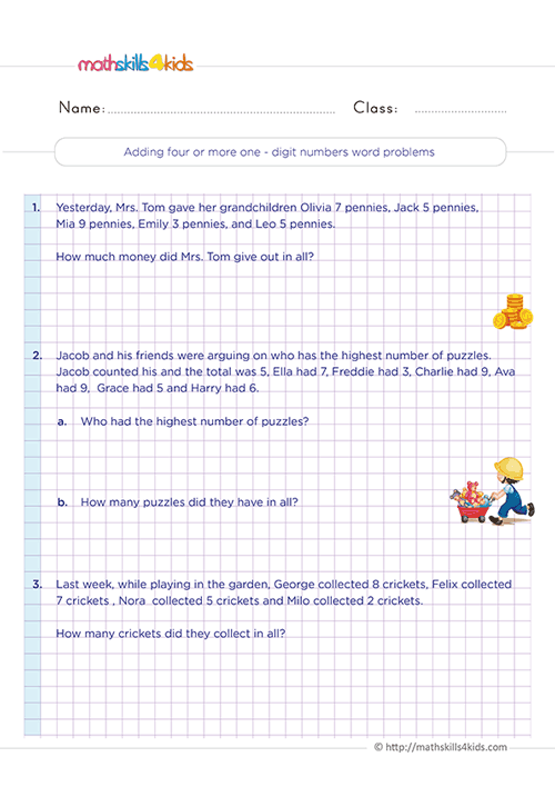 Effective strategies for adding 1-digit numbers: Grade 2 worksheets Pdf - Adding four or more 1-digit numbers word problems