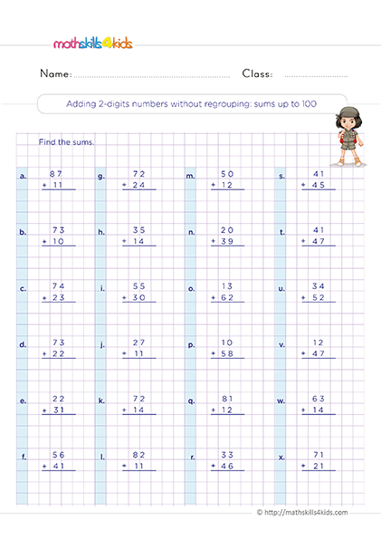 Mastering addition with 2-Digit Worksheets for 2nd Grade PDF - Adding 2-digit numbers without regrouping sums up to 100
