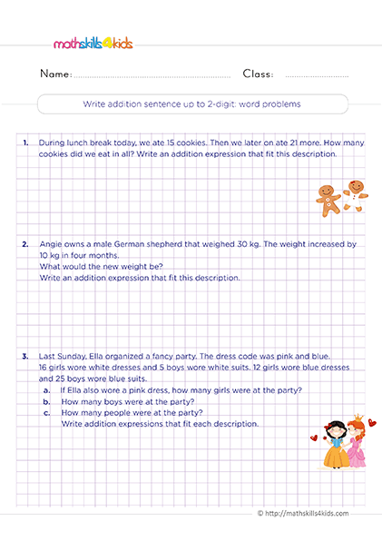 Mastering addition with 2-Digit Worksheets for 2nd Grade PDF - Writing addition sentences up to 2-digit word problems