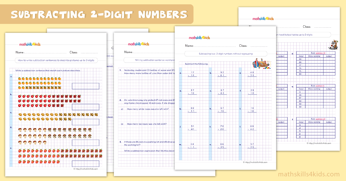 Free printable subtract within 2-Digits worksheets for 2nd Grade