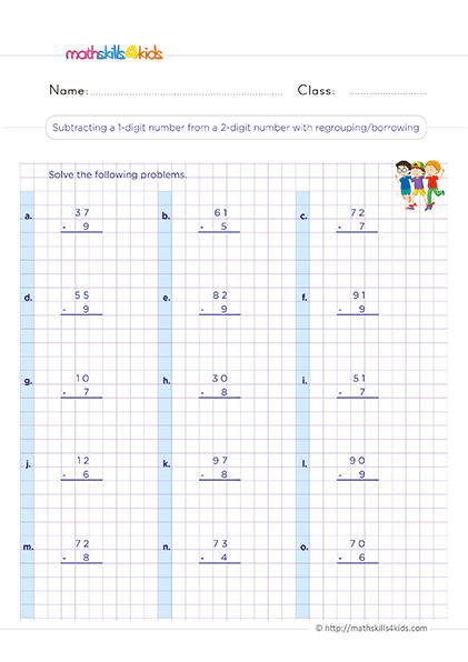 Free printable subtract within 2-Digits Worksheets for 2nd Grade - Subtracting a 1-digit number from a 2-digit number with regrouping/borrowing