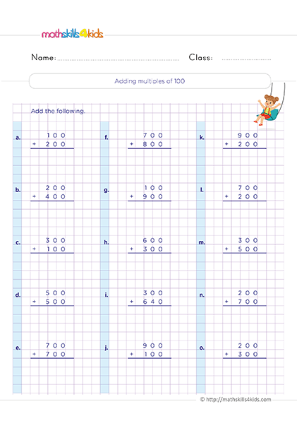 Mastering 3-digit Addition: Printable worksheets for 2nd Graders - Adding multiple of 100