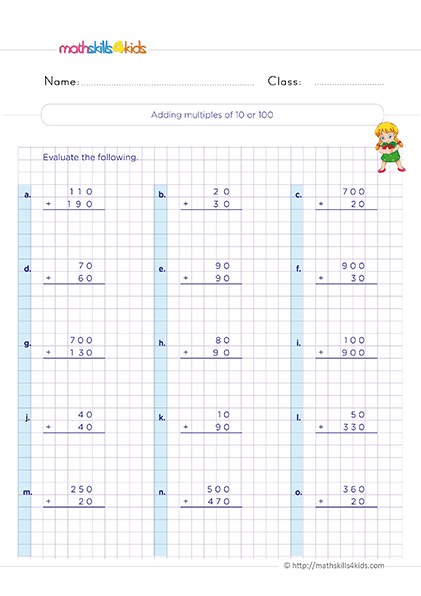 Mastering 3-digit Addition: Printable worksheets for 2nd Graders - Adding multiple of 10