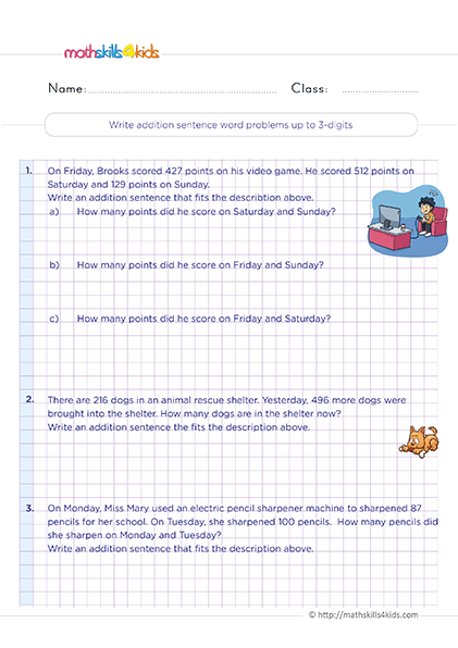 Second Grade Math addition sentence word problems up to 3-digitworksheets