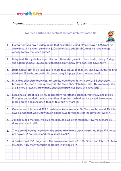 Free printable 2nd Grade mixed operations worksheets PDF - Two-steps addition and subtraction word problems within 100