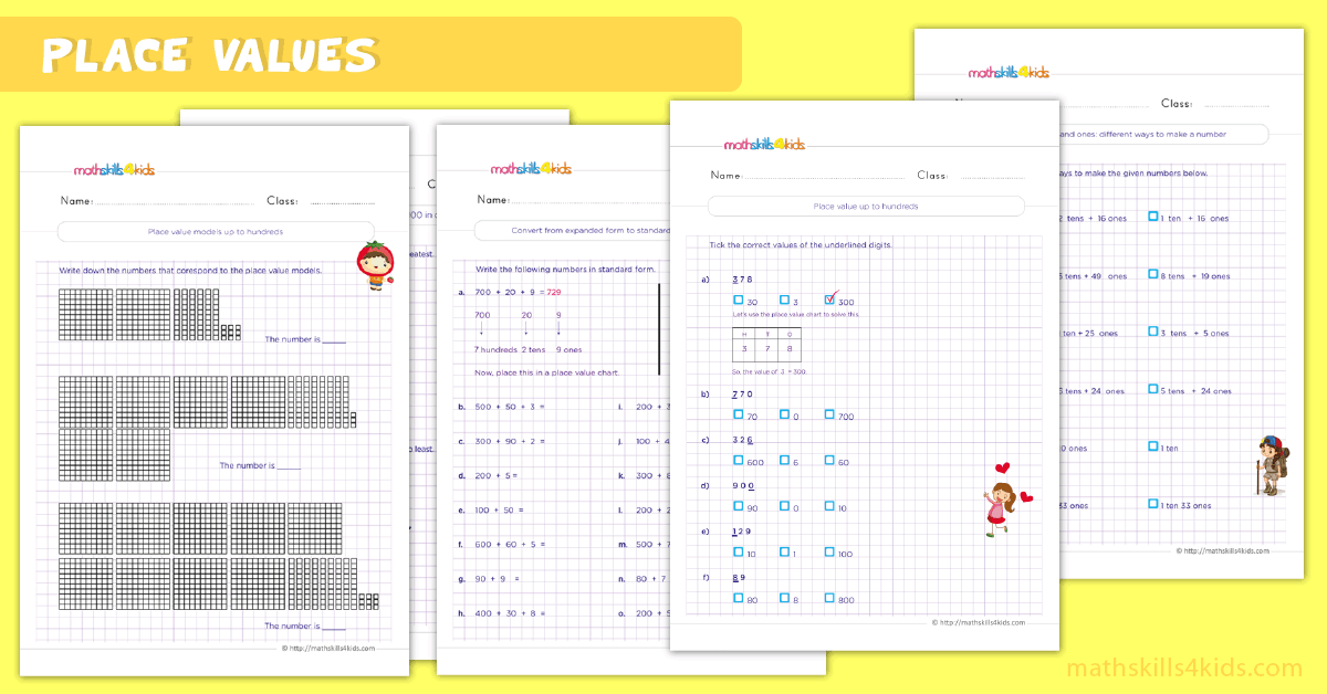 Free place value worksheets for 2nd Grade math practice