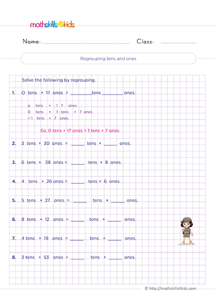 Free place value worksheets for 2nd Grade math practice - Regrouping tens and ones