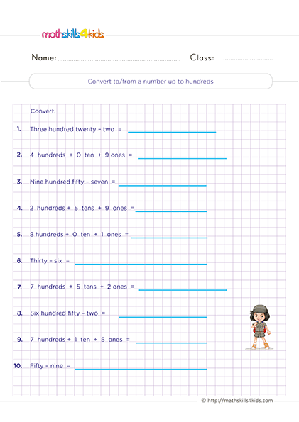 Free place value worksheets for 2nd Grade math practice - Converting to/from numbers up to hundreds