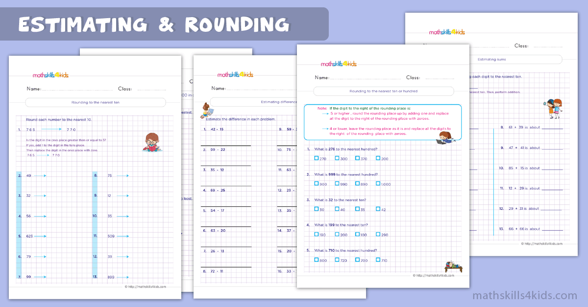 Printable estimation and rounding worksheets for 2nd Grade math practice