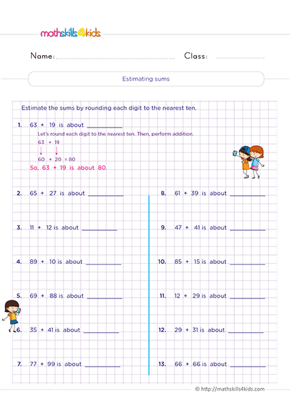 Printable estimation and rounding worksheets for 2nd Grade math practice - Estimating sums