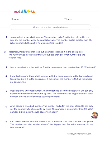 Grade 2 logical reasoning worksheets: Improve your child's thinking skills - Guess the number word problems