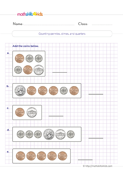 Grade 2 money math worksheets and activities for Kids: Printable and free - Counting pennies, nickels, dimes, and quaters