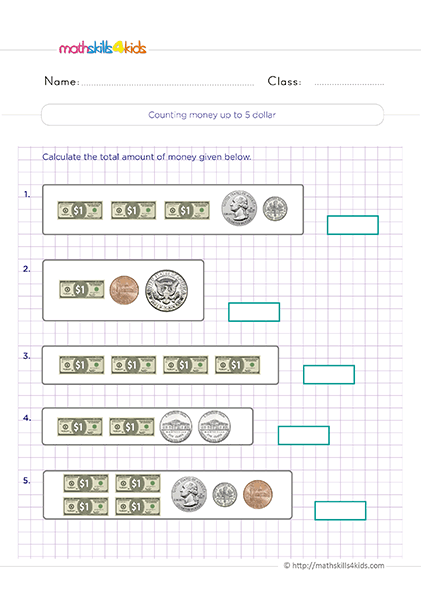 Grade 2 money math worksheets and activities for Kids: Printable and free - Counting money up to $5