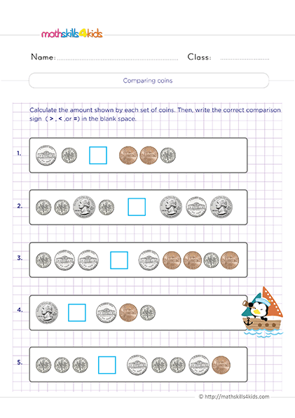 Comparing coins worksheets
