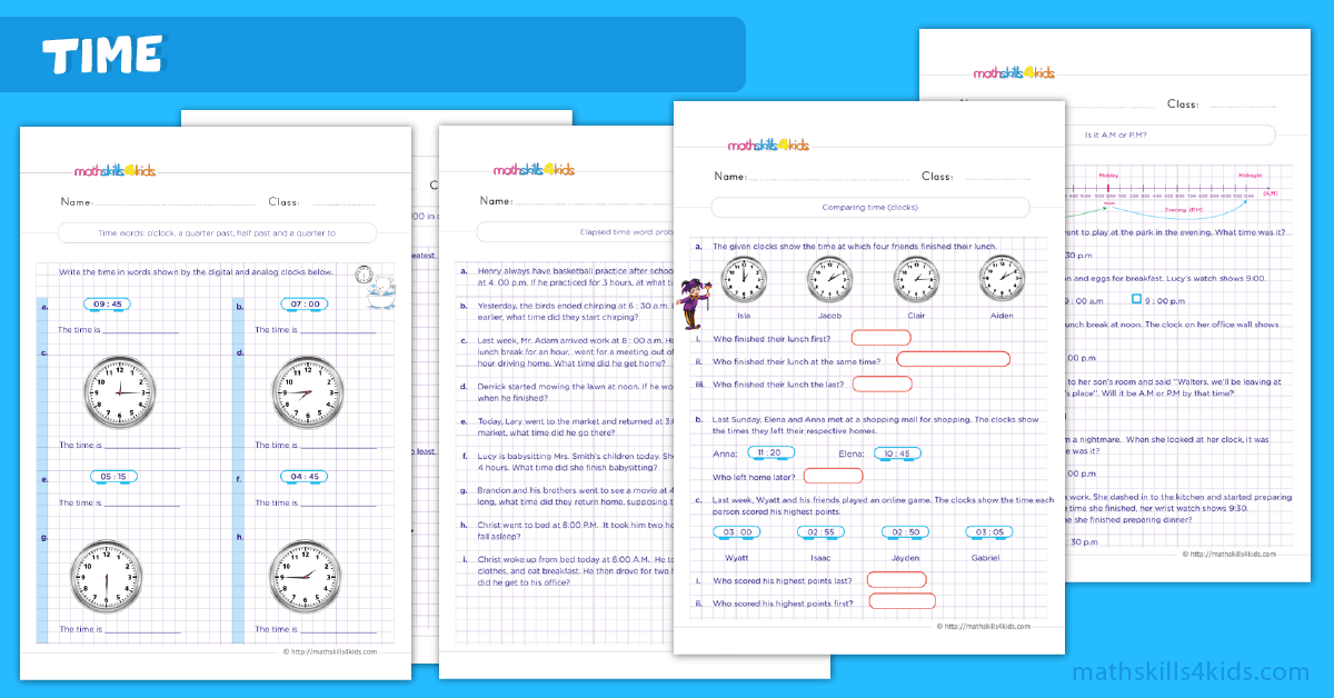 Printable Grade 2 telling time worksheets and activities