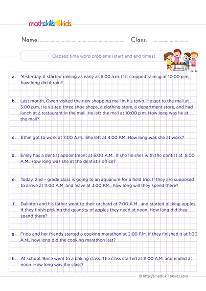 Printable Grade 2 telling time worksheets and activities - Elapse time word problems start and end time