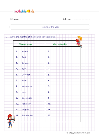 Printable Grade 2 telling time worksheets and activities - Months of the year