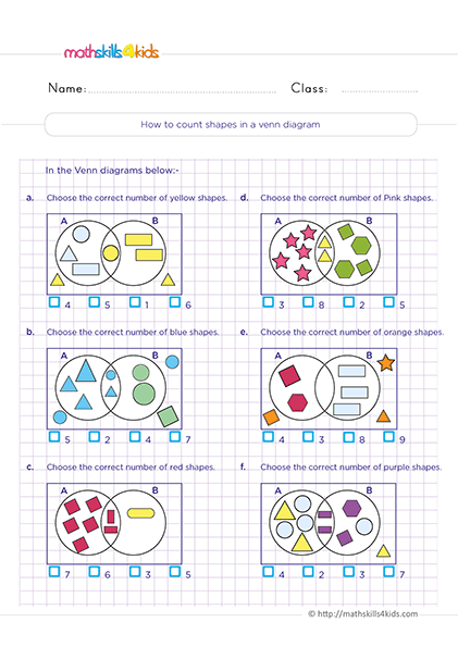 Free printable 2nd Grade data and graphing worksheets - Counting shapes in a Venn diagram