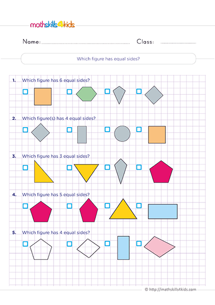 Second Grade Math 2D shapes worksheets - which shape shows equal sides