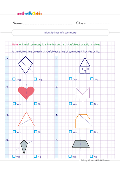 Free printable 2nd Grade 2D shape worksheets for math practice - Identifying line of symmetry
