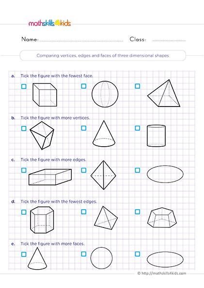 Free printable 3D shapes worksheets for Grade 2 math practice - Comparing vertices, edges, and faces of 3D shapes