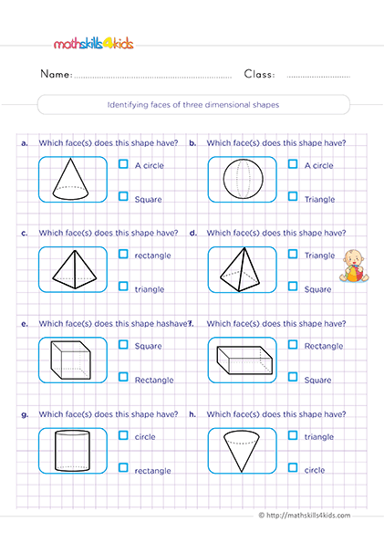 Free printable 3D shapes worksheets for Grade 2 math practice - Identifying faces of 3D shapes