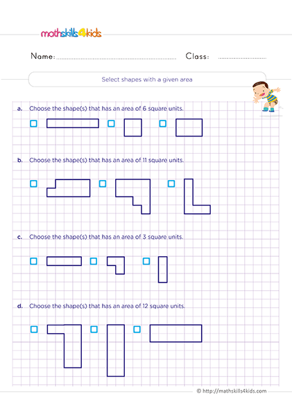 Geometric measurement activities for Grade 2: Perimeter and Area - Selecting shapes with a given area