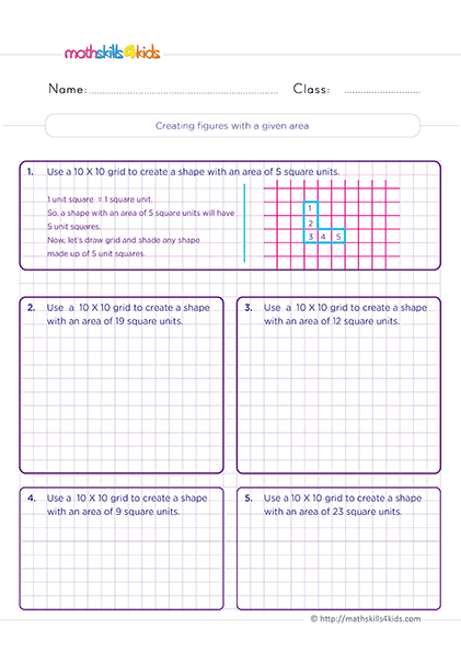 Geometric measurement activities for Grade 2: Perimeter and Area - Creating figures with a given area