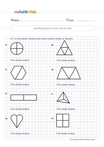 Printable Grade 2 fractions worksheets and activities - Identifying halves, thirds, and fourths