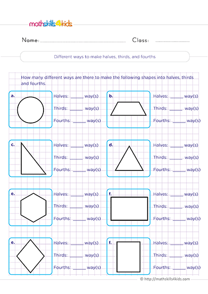 Printable Grade 2 fractions worksheets and activities - Different ways to make halves, thirds, and fourths