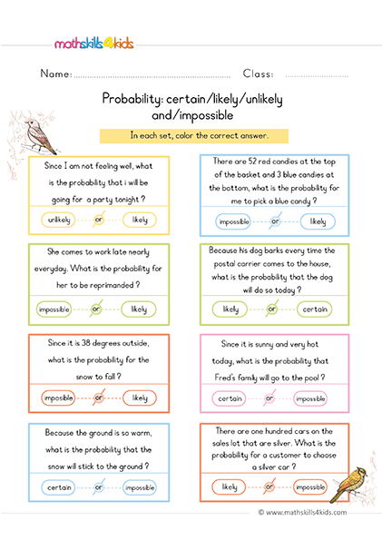 Free printable probability worksheets for 2nd Graders - Certain, likely, unlikely, and impossible