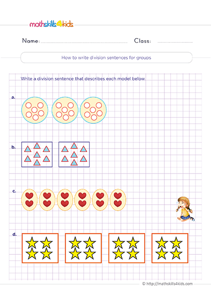 Free printable division worksheets for 2nd Grade math practice - Writing division sentences for equal groups