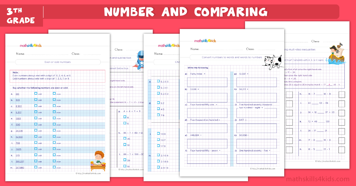 third grade math worksheets - number and comparing worksheets for grade 3