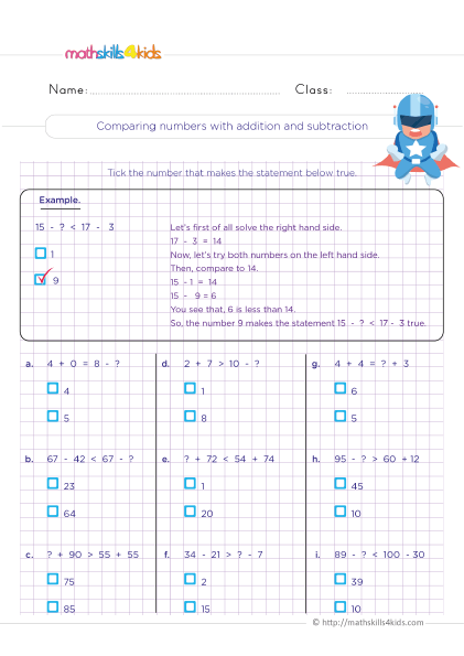 Comparison of numbers for grade 3 with answers - Comparing numbers with addition and subtraction