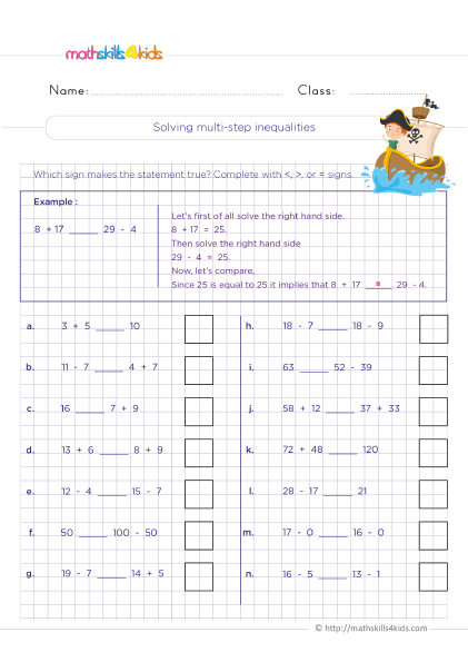 Comparison of numbers for grade 3 with answers - Solving multi-step inequalities