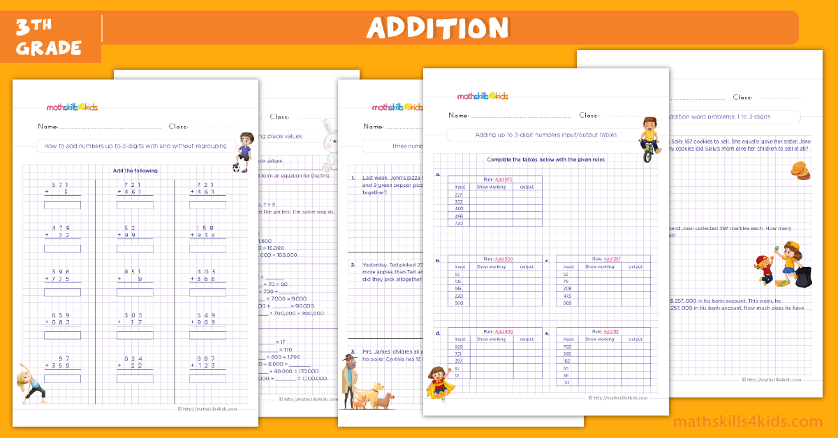 Addition Worksheets for Grade 3 Pdf - Mental Math for Class 3 Addition with Answers