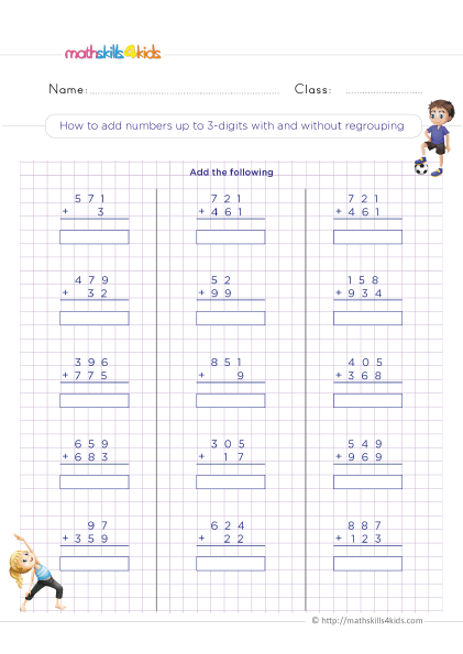 Addition Worksheets for Grade 3 Pdf with answers - how to add two numbers up to 3 digit with and without regrouping