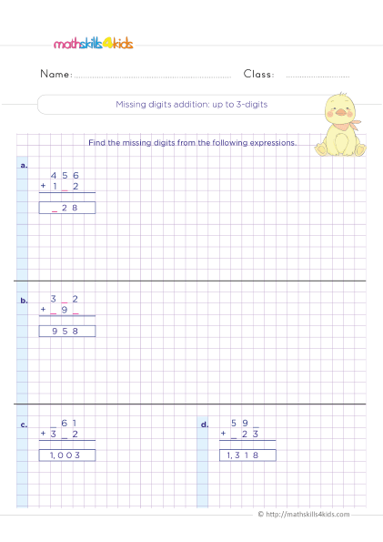 Addition Worksheets for Grade 3 Pdf with answers - missing digits addition up to 3 digit practice